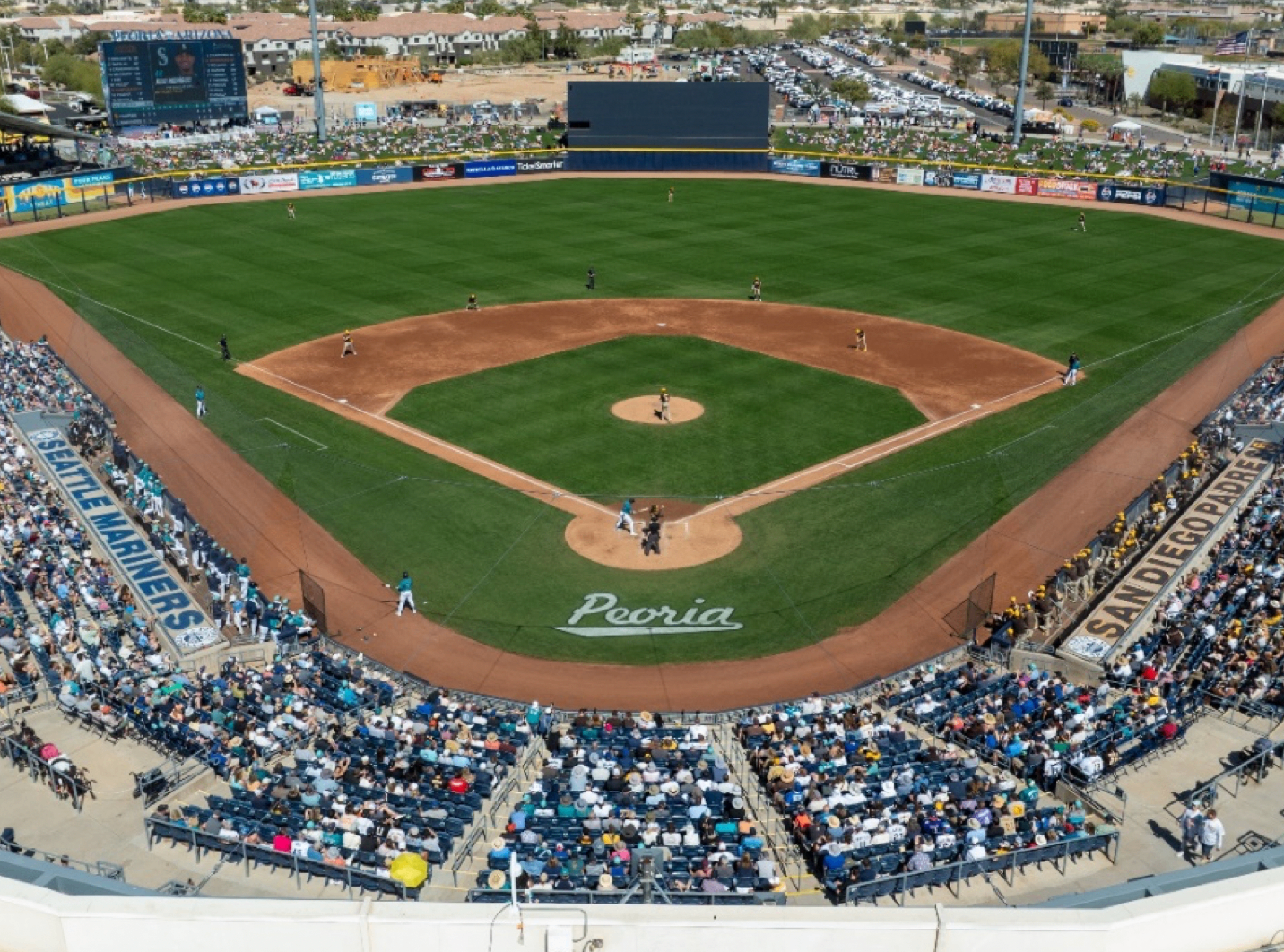 Aerial view of Peoria Sports Complex during a spring training game between the Mariners and Padres