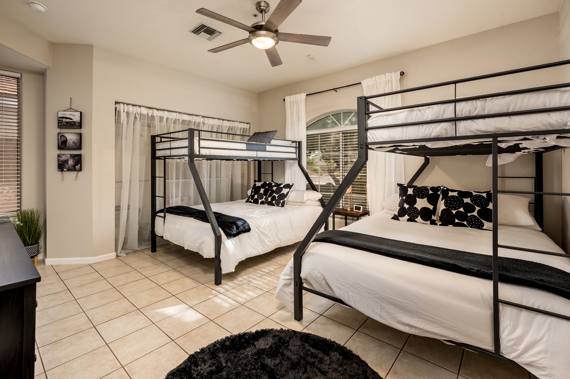 Bunk room wide view with safari-themed wall art
